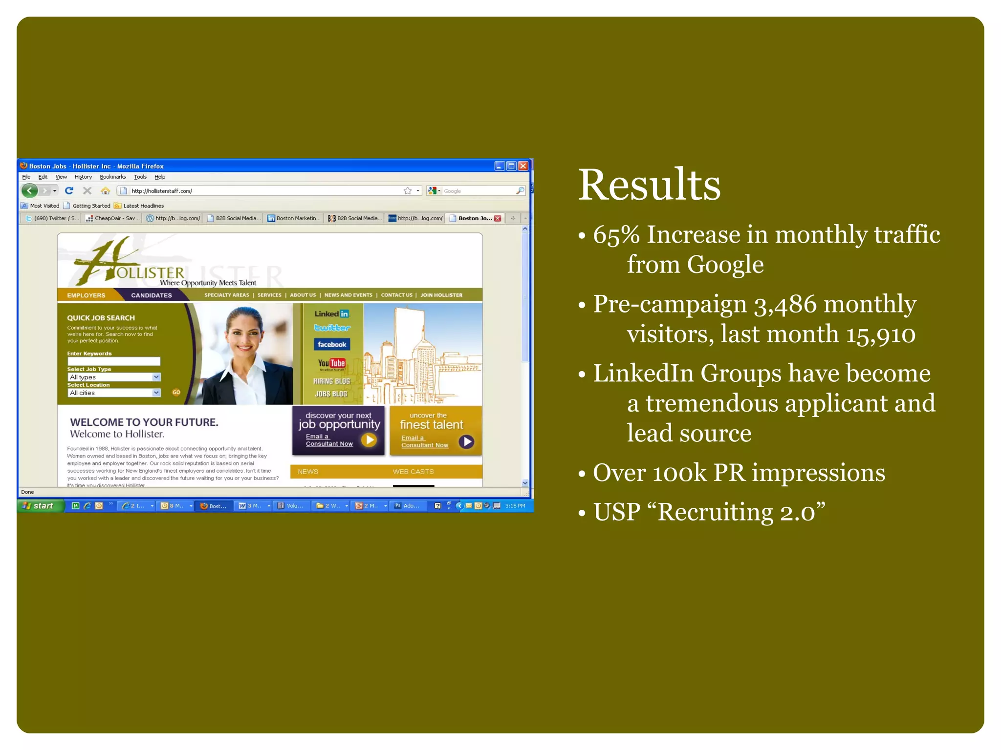 Results •  65% Increase in monthly traffic from Google  •  Pre-campaign 3,486 monthly visitors, last month 15,910 •  LinkedIn Groups have become a tremendous applicant and lead source •  Over 100k PR impressions •  USP “Recruiting 2.0” 