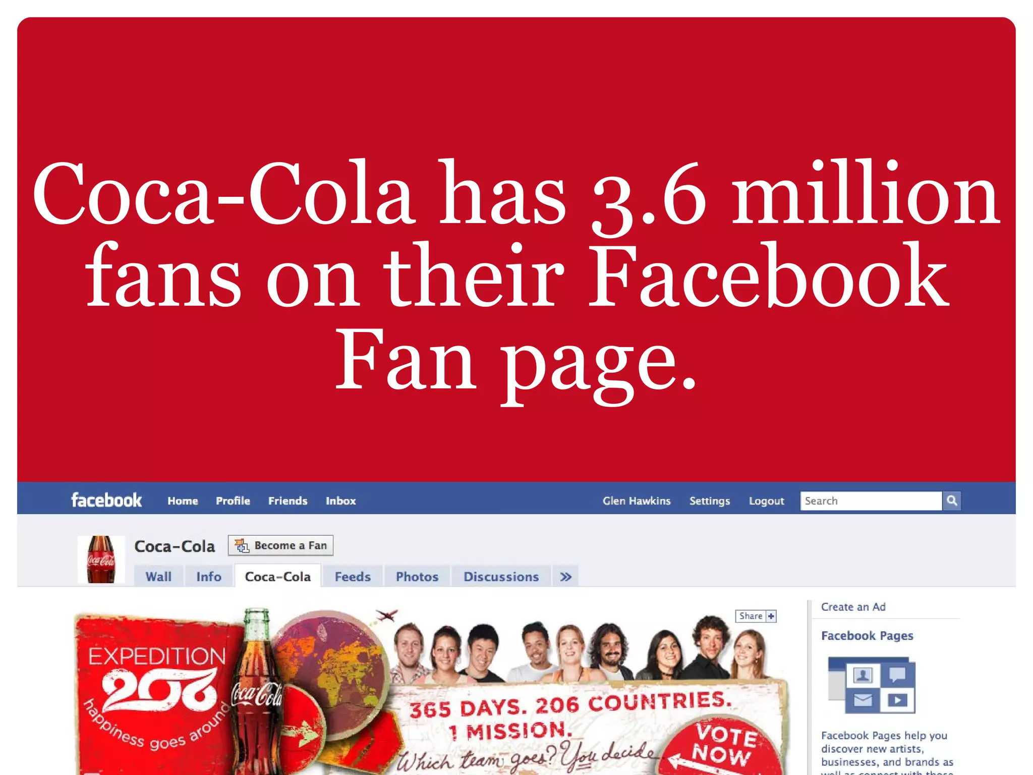 Coca-Cola has 3.6 million fans on their Facebook Fan page. 