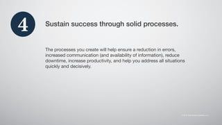 Sustain success through solid processes.
4
The processes you create will help ensure a reduction in errors,
increased communication (and availability of information), reduce
downtime, increase productivity, and help you address all situations
quickly and decisively.
 