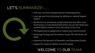 LET’S SUMMARIZE! . . .
• Own your own home based/internet marketing business
• Leverage your time and energy by utilizing our national Support
System
• Benefit from an unmatched compensation plan that offers 100%
Commissions, A 7 Day Rocket Start where you can earn $1100 plus
and then $500 a month or more with a team as few as 12
• The Opportunity to supplement or replace your current income
• Bring huge Savings and Convenience to your life and the lives of
others
• Experience the dynamics of Geometric and Exponential Growth
• Support the needs of children around the globe
WELCOME TO OUR TEAM!
 