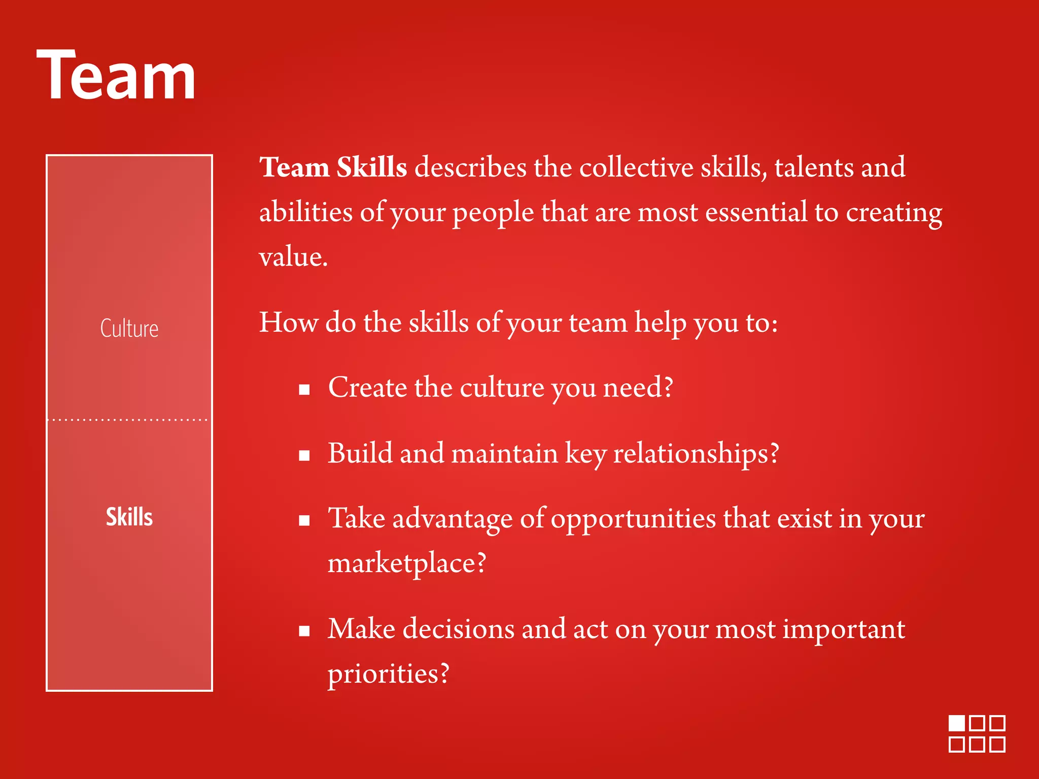 Team
           Team Skills describes the collective skills, talents and
           abilities of your people that are most essential to creating
           value.

 Culture   How do the skills of your team help you to:

              ▪ Create the culture you need?
              ▪ Build and maintain key relationships?
 Skills       ▪ Take advantage of opportunities that exist in your
                 marketplace?

              ▪ Make decisions and act on your most important
                 priorities?
 