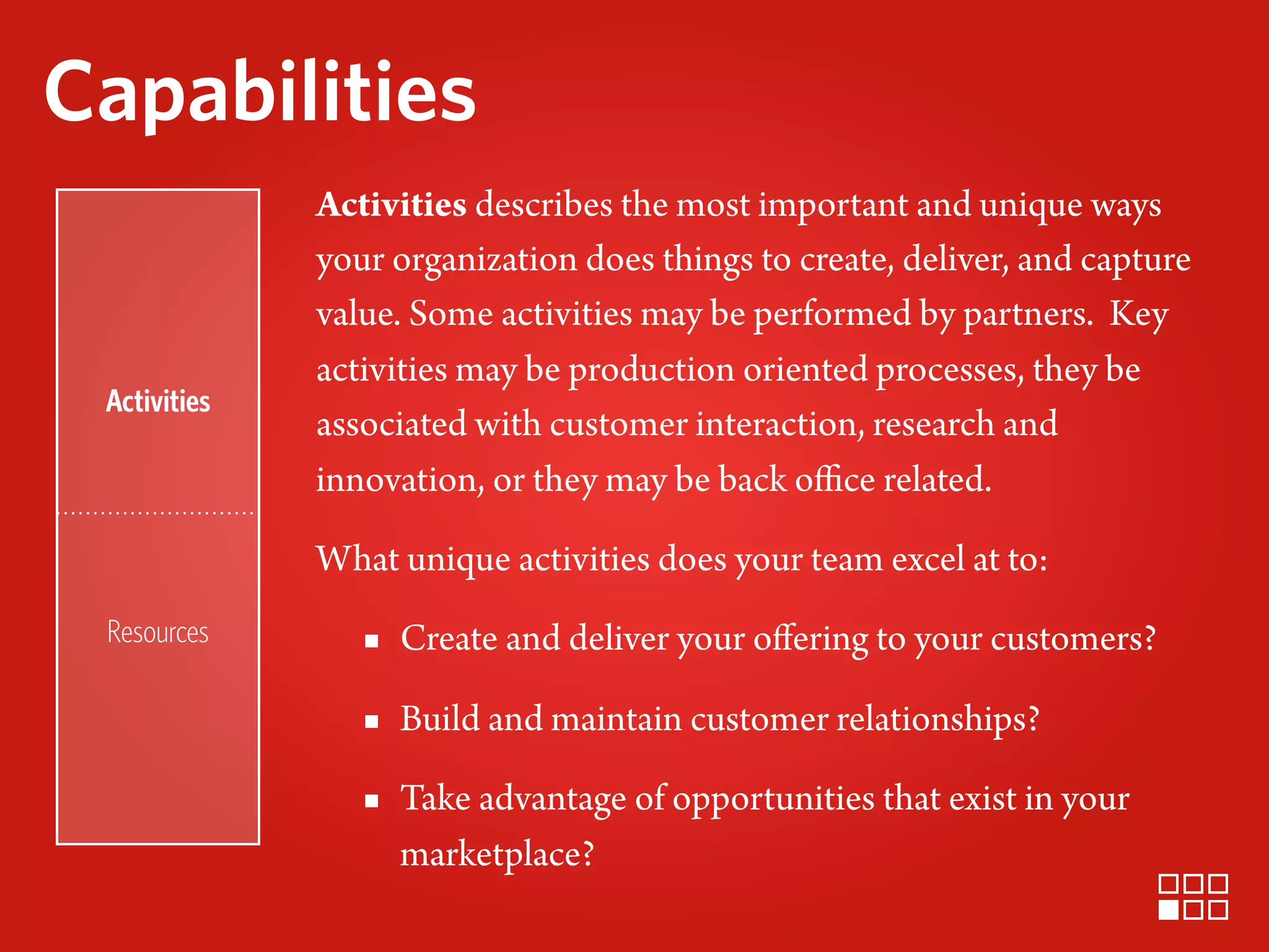 Capabilities
              Activities describes the most important and unique ways
              your organization does things to create, deliver, and capture
              value. Some activities may be performed by partners. Key
              activities may be production oriented processes, they be
 Activities
              associated with customer interaction, research and
              innovation, or they may be back oﬃce related.

              What unique activities does your team excel at to:
 Resources       ▪ Create and deliver your oﬀering to your customers?
                 ▪ Build and maintain customer relationships?
                 ▪ Take advantage of opportunities that exist in your
                   marketplace?
 