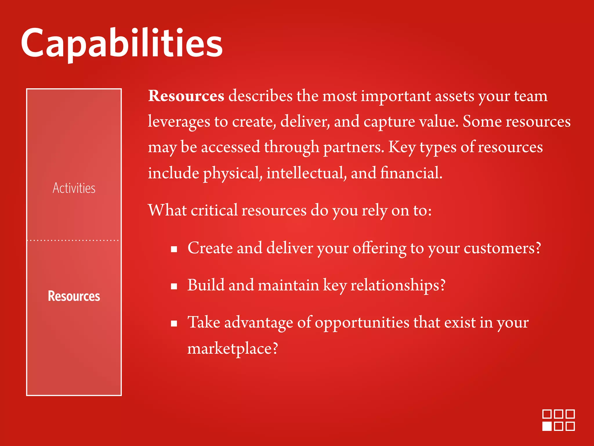 Capabilities
              Resources describes the most important assets your team
              leverages to create, deliver, and capture value. Some resources
              may be accessed through partners. Key types of resources
              include physical, intellectual, and financial.
 Activities
              What critical resources do you rely on to:

                 ▪ Create and deliver your oﬀering to your customers?

 Resources
                 ▪ Build and maintain key relationships?
                 ▪ Take advantage of opportunities that exist in your
                   marketplace?
 