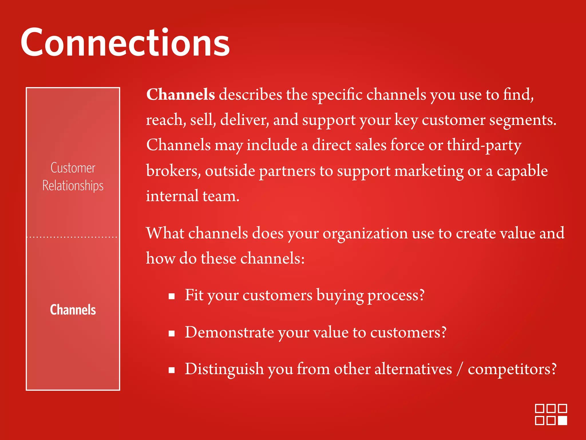 Connections
                 Channels describes the specific channels you use to find,
                 reach, sell, deliver, and support your key customer segments.
                 Channels may include a direct sales force or third-party
  Customer       brokers, outside partners to support marketing or a capable
 Relationships
                 internal team.

                 What channels does your organization use to create value and
                 how do these channels:

                    ▪ Fit your customers buying process?
  Channels
                    ▪ Demonstrate your value to customers?
                    ▪ Distinguish you from other alternatives / competitors?
 