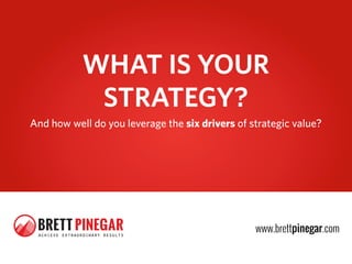 WHAT IS YOUR
                STRATEGY?
And how well do you leverage the six drivers of strategic value?




 BRETT PINEGAR
 achieve extraordinary results
                                                 www.brettpinegar.com
 