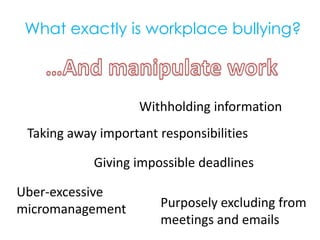 What exactly is workplace bullying?…And manipulate workWithholding informationTaking away important responsibilitiesGiving impossible deadlinesUber-excessive micromanagementPurposely excluding from meetings and emails