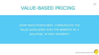 Copyrighted and All Rights Reserved- by Pricing Innovations
Price
Best for
Benefit #1
Benefit #2
Benefit #3
Benefit #4
Benefit #5
Price
Best for
Tier #3
CTA
Benefit #11
Benefits #12
Benefit #13
CTA
Price
Best for
Tier #1
Benefit #6
Benefit #7
Benefit #8
Benefit #9
Benefit #10
CTA
Pricing structure 14
Align your pricing structures with the ways in which different buyers need, buy, utilize, and benefit from the benefits differently. In the
case that you have 10, 20 different types of buyers, perform a frequency distribution to identify the top 3-4 which address more than 60%
of your market. And remember: people don’t buy features; they buy benefits.You must translate the features and attributes into
benefit statements.
Tier #1
 