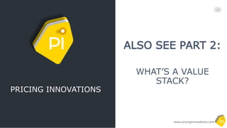 Copyrighted and All Rights Reserved- by Pricing Innovations
Rapid Pricing Assessment
$ per day
PRICING
DATA ANALYSIS
PRICING WORKSHOP
PRICING PLAN
Monetization-as-a-Service
$$$ per month
GROWTH
Learn moreLearn more
6-12 Weeks Team Coaching
$$ per week
PRODUCT
Learn more
We walk the talk: here’s our own pricing structure 18
What we deliver
An opportunity analysis and
pricing plan using the principles of
the Pricing Canvas (TM).
What we deliver
A strategic, competitive, value-
based pricing strategy, pricing
structure, and go-to-market plan.
What we deliver
A comprehensive monetization
plan for your portfolio, and
systematic adjustment of pricing
and roadmap.
DATA CAMPAIGNS
10-D ALIGNMENT
GO-TO-MARKET PLAN
MONETIZATON
MOBILIZATION
ONGOING MONITORING
 