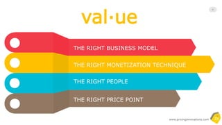 Copyrighted and All Rights Reserved- by Pricing Innovations
8
STRUCTURAL DRIVERS OF VALUE
Product structure: How value is created and perceived
Offer structure: How value is offered and accessed
Pricing structure: How value is monetized and realized
Cost structure: How value provides competitiveness and
profitability
 