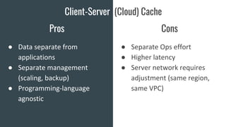 Client-Server (Cloud) Cache
Pros Cons
● Data separate from
applications
● Separate management
(scaling, backup)
● Programm...