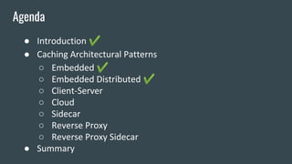 ● Introduction ✔
● Caching Architectural Patterns
○ Embedded ✔
○ Embedded Distributed ✔
○ Client-Server
○ Cloud
○ Sidecar
...