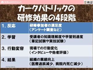 カークパトリックの
研修効果の4段階
１．反応 研修参加者の満足度
（アンケート調査など）
２．学習 受講者の知識理解度や学習到達度
（筆記試験や実技試験）
３．行動変容 現場での行動変化
（インタビューや他者評価）
４．結果 組織の業績向上
（医療過誤減少，病院内死亡減少）
13 Feb 2016 JSISH Case Conference 7
 