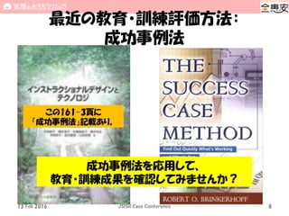 最近の教育・訓練評価方法：
成功事例法
13 Feb 2016 JSISH Case Conference 8
この161-3頁に
「成功事例法」記載あり。
成功事例法を応用して、
教育・訓練成果を確認してみませんか？
 