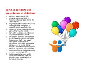Como se comparte una
presentación en slideshare
1) Abrimos la pagina slideshare
2) En la parte superior derecha
tomamos el enlace para darnos de
alta (sing up)
3) Elegimos nuestro nombre de usuario
y la contraseña y ponemos la
dirección de correo electrónico
4) Recibimos un correo con un enlace
para activar nuestra cuenta
5) Para subir nuestras presentaciones
elegimos la pestaña upload
6) En el botón examinar localizamos la
presentación de nuestro disco duro .
Le damos un titulo , una breve
descripción y las etiquetas
pertinentes que deben ir separadas
por espacios no comas si una
etiqueta esta formada por dos o mas
palabras escribimos entre comillas .
7) Le damos al botón upload y en unos
minutos estará disponible
8) Podemos editarla con el botón
correspondiente edit. y ahí por
ejemplo elegir bajo que tipo de
licencia la dejamos.
 