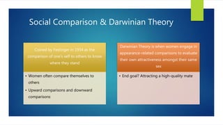Social Comparison & Darwinian Theory
Coined by Festinger in 1954 as the
comparison of one’s self to others to know
where they stand
• Women often compare themselves to
others
• Upward comparisons and downward
comparisons
Darwinian Theory is when women engage in
appearance-related comparisons to evaluate
their own attractiveness amongst their same
sex
• End goal? Attracting a high-quality mate
 