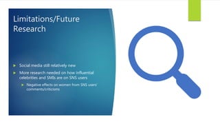 Limitations/Future
Research
 Social media still relatively new
 More research needed on how influential
celebrities and SMIs are on SNS users
 Negative effects on women from SNS users’
comments/criticisms
 