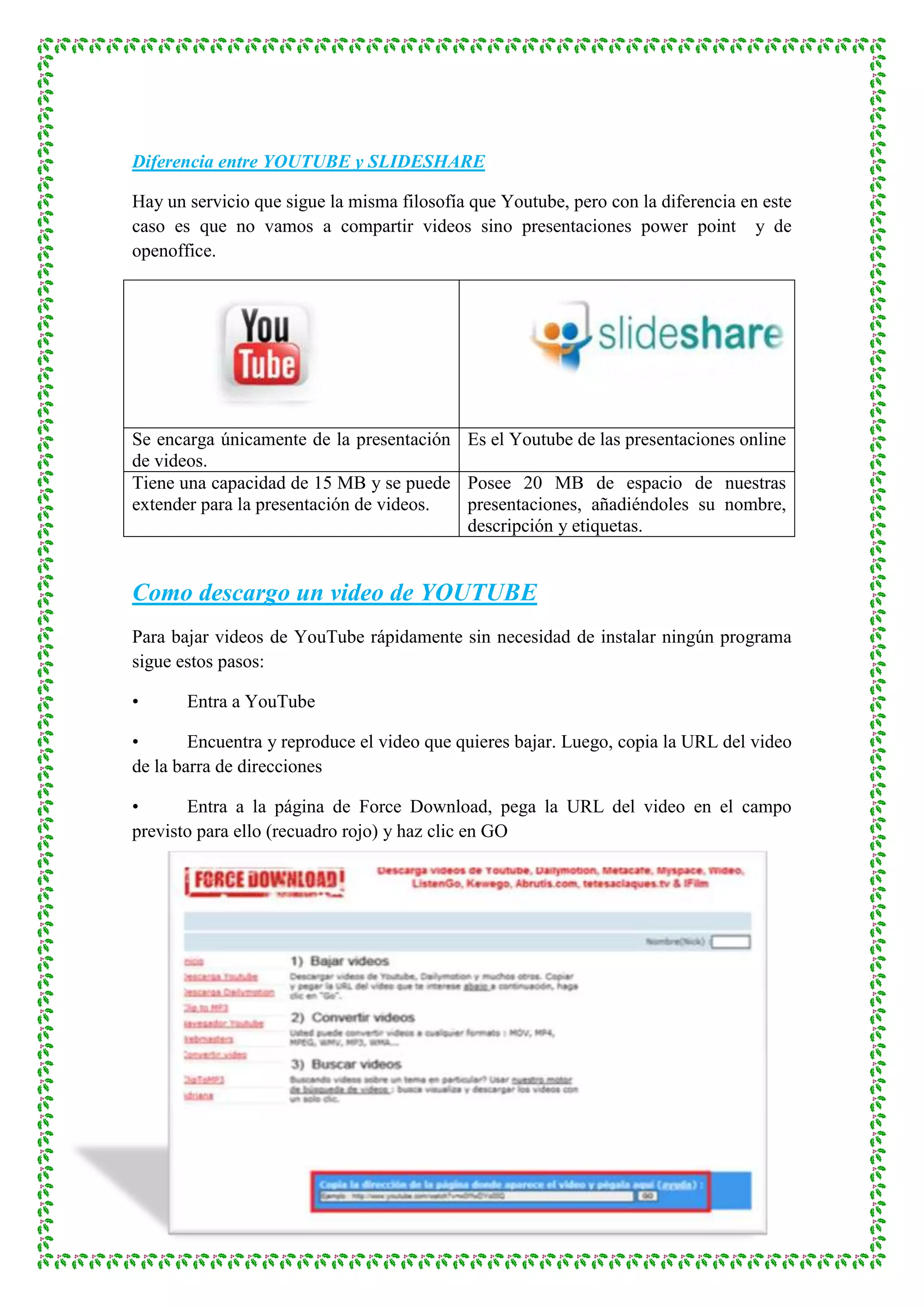 Diferencia entre YOUTUBE y SLIDESHARE

Hay un servicio que sigue la misma filosofía que Youtube, pero con la diferencia en este
caso es que no vamos a compartir videos sino presentaciones power point y de
openoffice.




Se encarga únicamente de la presentación Es el Youtube de las presentaciones online
de videos.
Tiene una capacidad de 15 MB y se puede Posee 20 MB de espacio de nuestras
extender para la presentación de videos. presentaciones, añadiéndoles su nombre,
                                         descripción y etiquetas.


Como descargo un video de YOUTUBE
Para bajar videos de YouTube rápidamente sin necesidad de instalar ningún programa
sigue estos pasos:

•      Entra a YouTube

•       Encuentra y reproduce el video que quieres bajar. Luego, copia la URL del video
de la barra de direcciones

•      Entra a la página de Force Download, pega la URL del video en el campo
previsto para ello (recuadro rojo) y haz clic en GO
 
