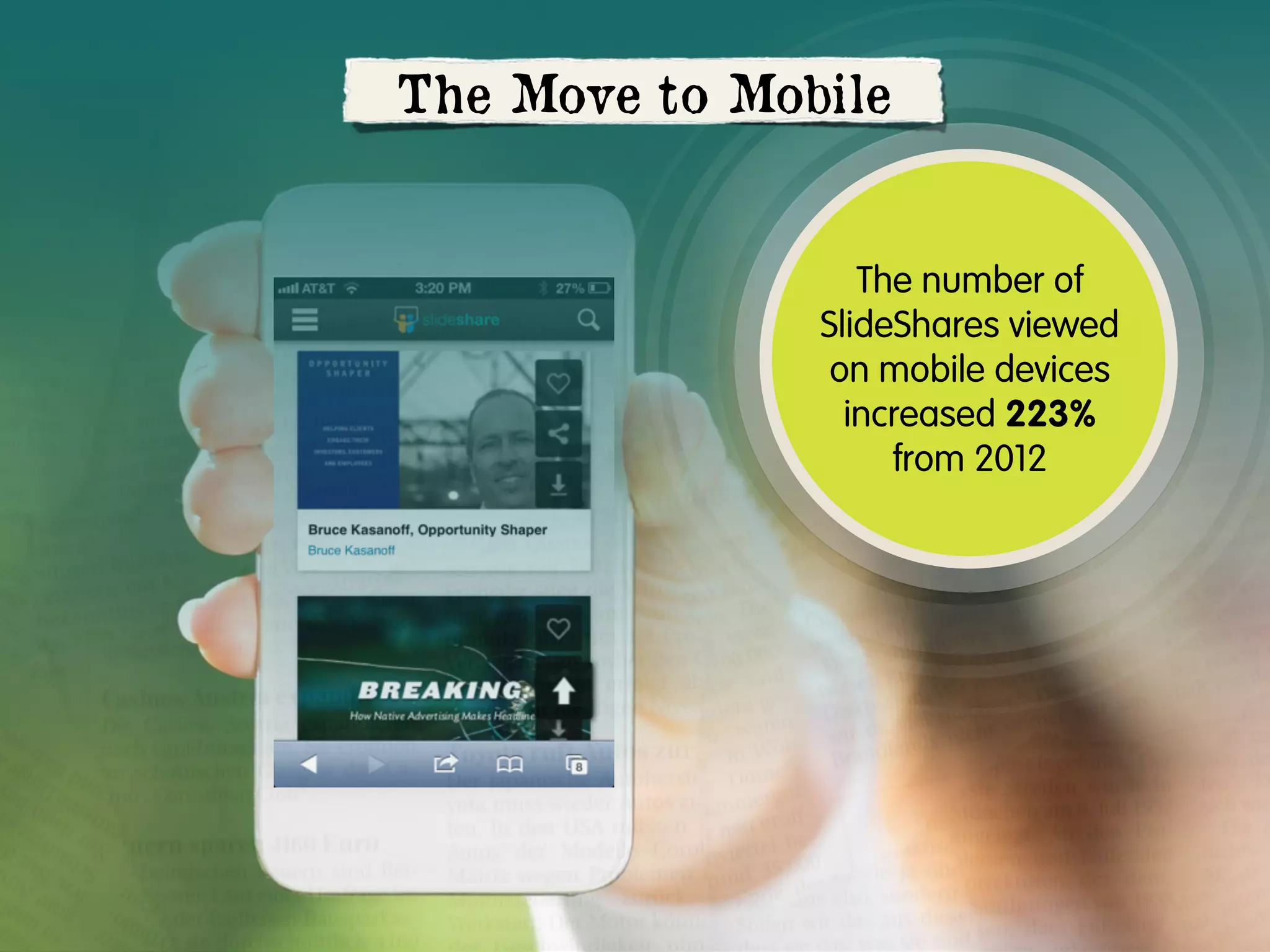 The Move to Mobile

The number of
SlideShares viewed
on mobile devices
increased 223%
from 2012

 