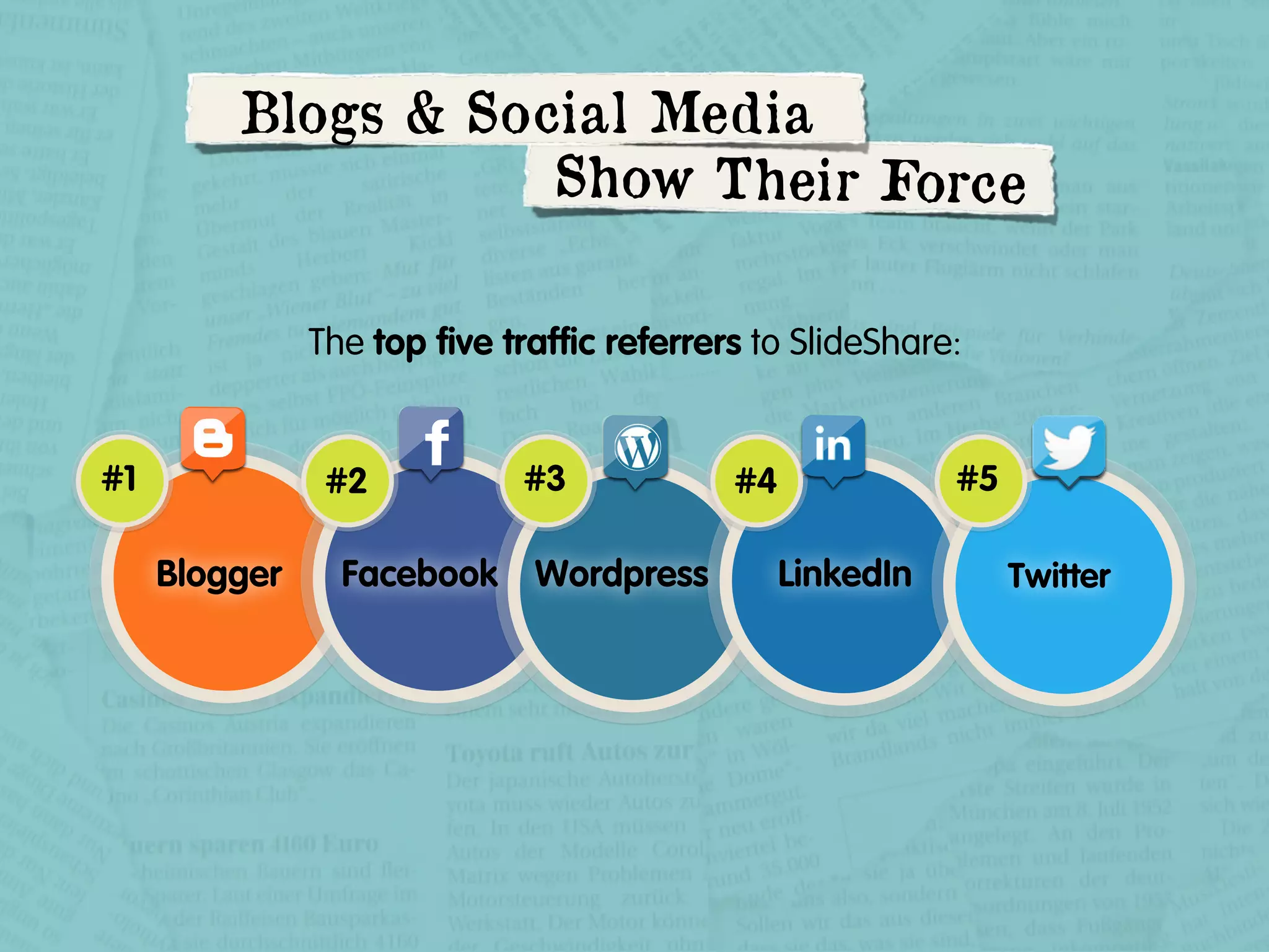 Blogs & Social Media
Show Thei r Force
The top ﬁve trafﬁc referrers to SlideShare:

#1

#2

Blogger

#3

Facebook Wordpress

#5

#4

LinkedIn

Twitter

 