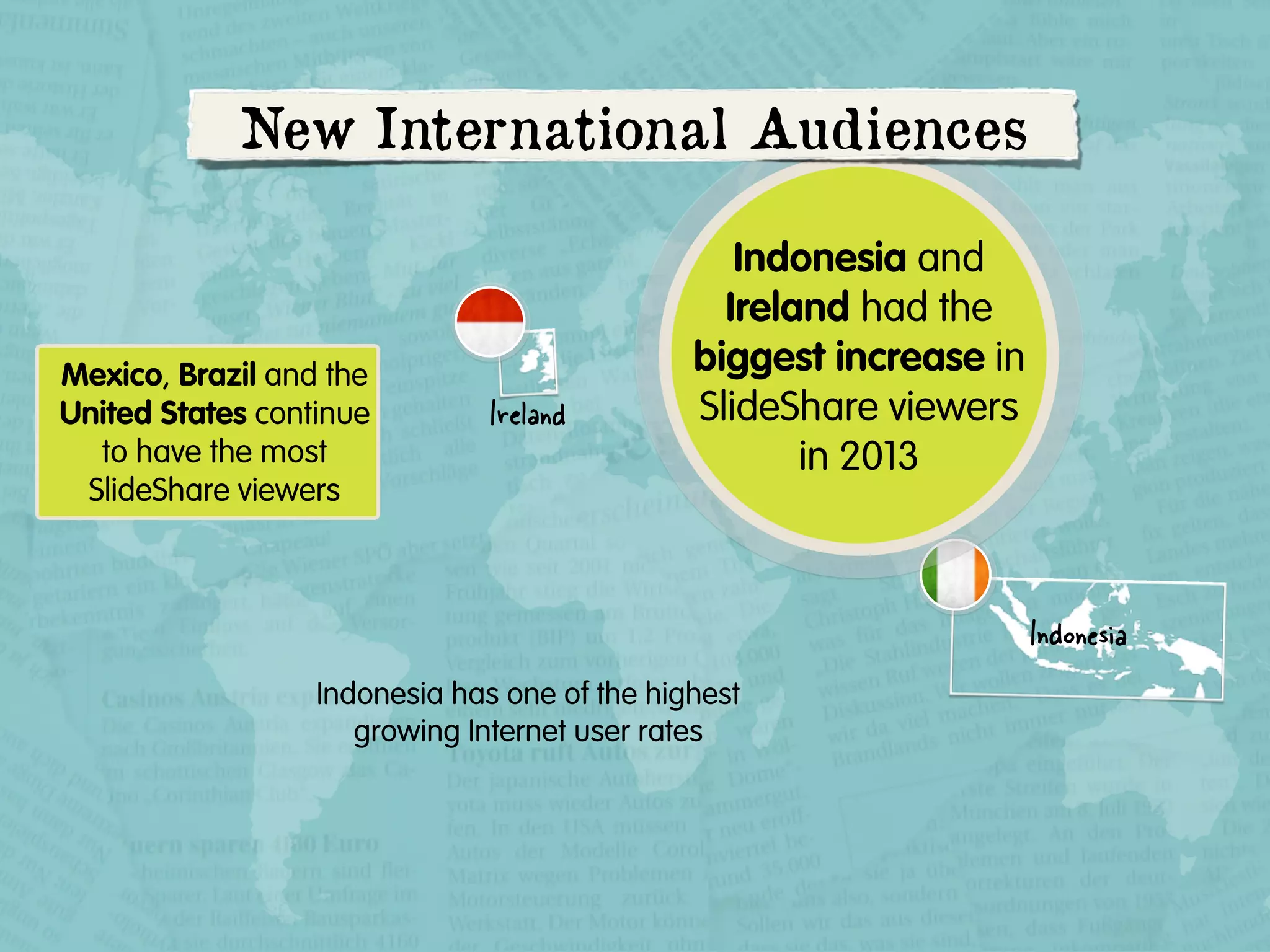 New International Audiences

Mexico, Brazil and the
United States continue
to have the most
SlideShare viewers

Ireland

Indonesia and
Ireland had the
biggest increase in
SlideShare viewers
in 2013

Indonesia
Indonesia has one of the highest
growing Internet user rates

 