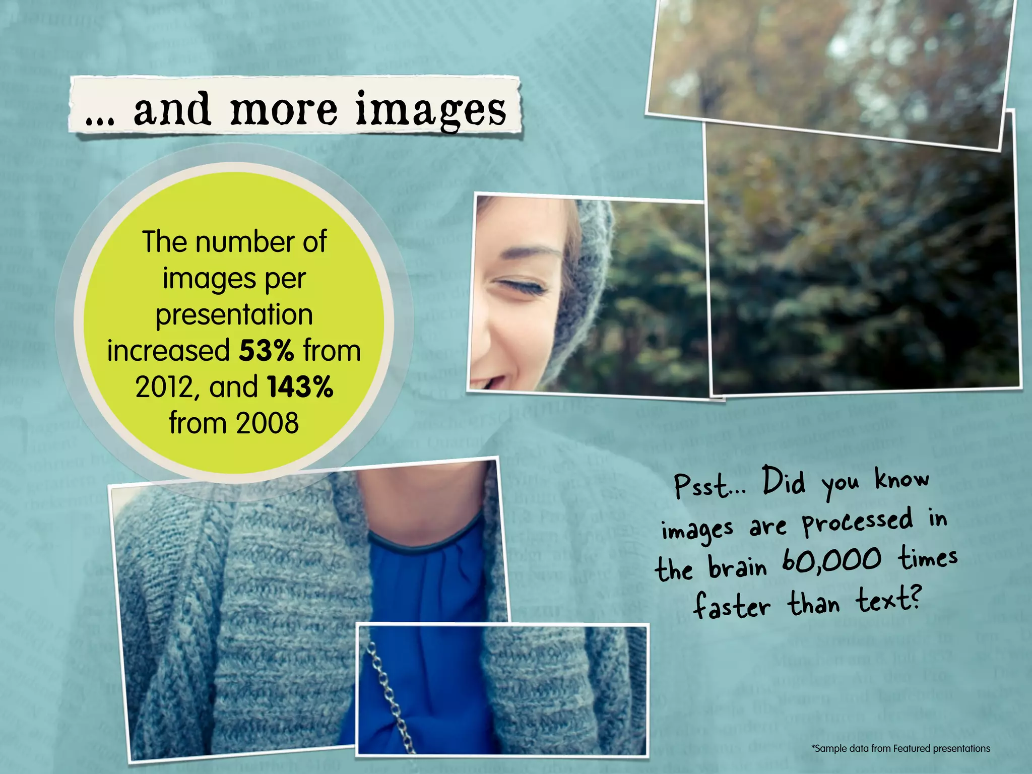 ... and more images
The number of
images per
presentation
increased 53% from
2012, and 143%
from 2008

Psst... Did you know
ages are processed in
im
e brain 60,000 times
th
faster than text?

*Sample data from Featured presentations

 