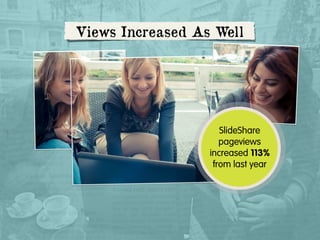 Views Increased As Well

SlideShare
pageviews
increased 113%
from last year

 