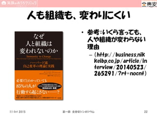人も組織も、変わりにくい
• 参考：いくら言っても、
人や組織が変わらない
理由
– （http://business.nik
keibp.co.jp/article/in
terview/20140523/
265291/?rt=nocnt）
11 Oct 2015 第一回 全患安シンポジウム 22
 