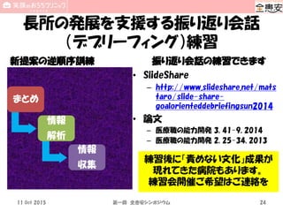 長所の発展を支援する振り返り会話
（デブリーフィング）練習
振り返り会話の練習できます新提案の逆順序訓練
11 Oct 2015 第一回 全患安シンポジウム 24
• SlideShare
– http://www.slideshare.net/mats
taro/slide-share-
goalorienteddebriefingsun2014
• 論文
– 医療職の能力開発 3, 41-9, 2014
– 医療職の能力開発 2, 25-34, 2013
練習後に「責めない文化」成果が
現れてきた病院もあります。
練習会開催ご希望はご連絡を
まとめ
情報
解析
情報
収集
 