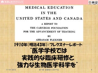 1910年（明治43年）：フレクスナーレポート
“医学学校では
実践的な臨床研修と
強力な生物医学科学を”
11 Oct 2015 第一回 全患安シンポジウム 4
 
