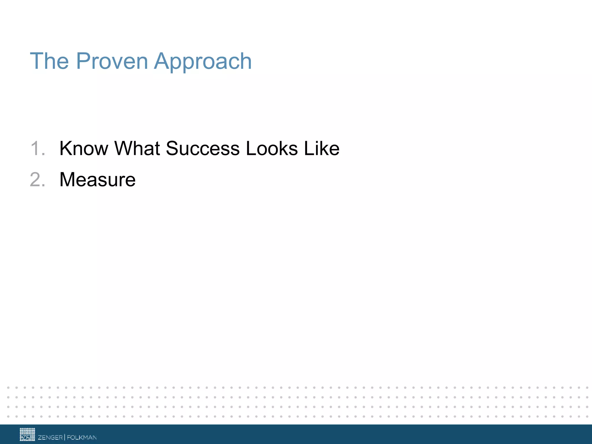 The Proven Approach
1. Know What Success Looks Like
2. Measure
 