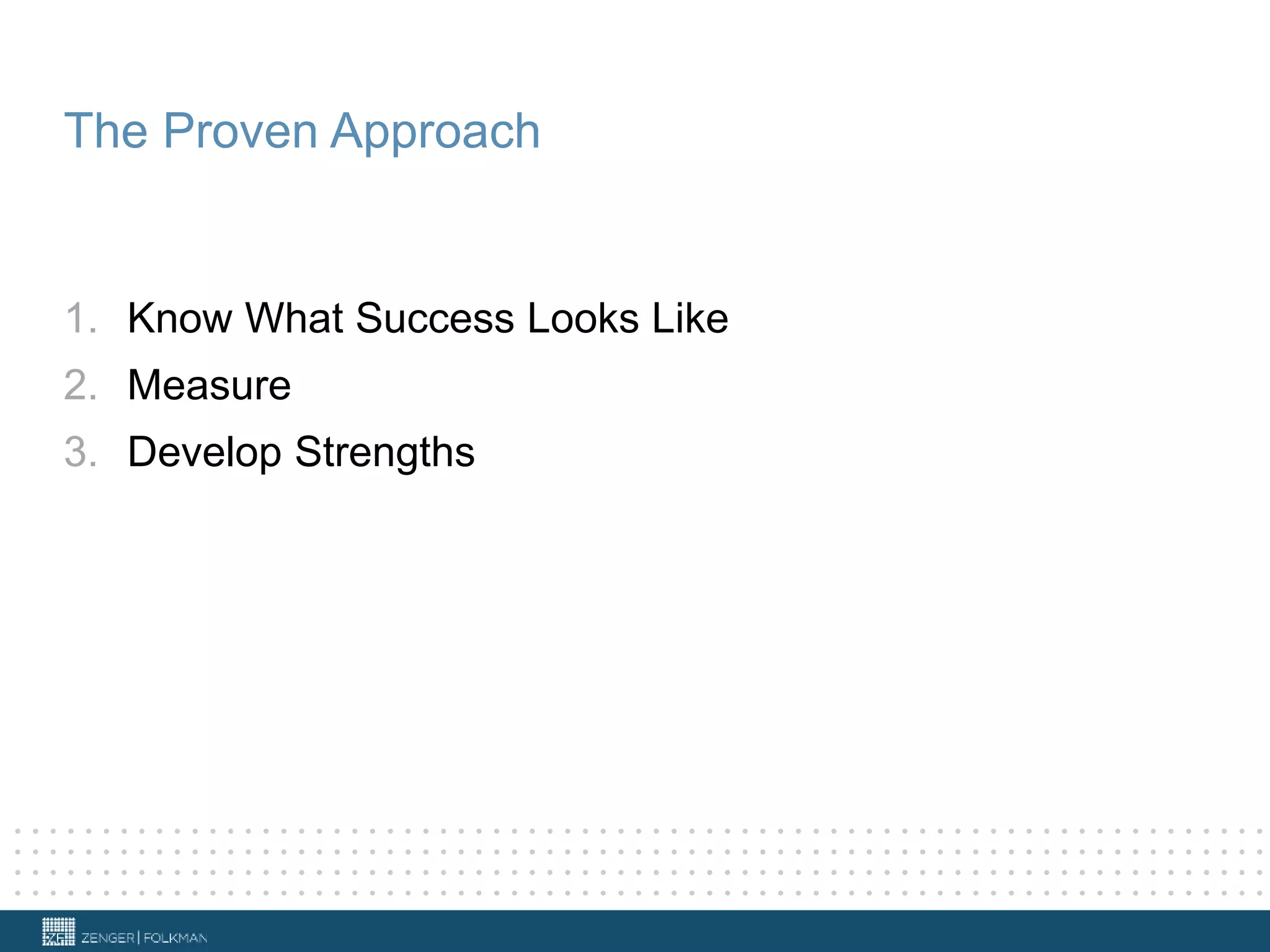 The Proven Approach
1. Know What Success Looks Like
2. Measure
3. Develop Strengths
 