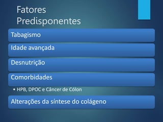 Fatores
Predisponentes
Tabagismo
Idade avançada
Desnutrição
Comorbidades
• HPB, DPOC e Câncer de Cólon
Alterações da síntese do colágeno
 