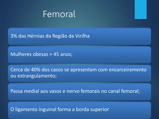 Femoral
3% das Hérnias da Região da Virilha
Mulheres obesas > 45 anos;
Cerca de 40% dos casos se apresentam com encarceiramento
ou estrangulamento;
Passa medial aos vasos e nervo femorais no canal femoral;
O ligamento inguinal forma a borda superior
 