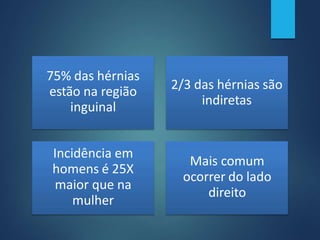 75% das hérnias
estão na região
inguinal
2/3 das hérnias são
indiretas
Incidência em
homens é 25X
maior que na
mulher
Mais comum
ocorrer do lado
direito
 