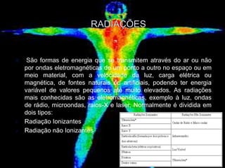  São formas de energia que se transmitem através do ar ou não
por ondas eletromagnéticas de um ponto a outro no espaço ou em
meio material, com a velocidade da luz, carga elétrica ou
magnética, de fontes naturais ou artificiais, podendo ter energia
variável de valores pequenos até muito elevados. As radiações
mais conhecidas são as eletromagnéticas, exemplo à luz, ondas
de rádio, microondas, raios-X e laser. Normalmente é dividida em
dois tipos:
 Radiação Ionizantes
 Radiação não Ionizantes
 