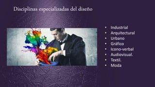 Disciplinas especializadas del diseño
• Industrial
• Arquitectural
• Urbano
• Gráfico
• Icono-verbal
• Audiovisual.
• Textil.
• Moda
 