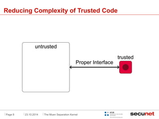 . 
Reducing Complexity of Trusted Code 
. 
untrusted 
trusted 
Proper Interface 
Page 8 23.10.2014 The Muen Separation Ker...
