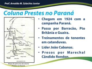 •  Chegam em 1924 com a
campanha Paraná.
•  Passa por Barracão, Pto
Britânia e Guaíra.
•  Treinamentos de tenentes
em catanduvas.
•  Lider João Cabanas.
•  Presos por Marechal
Cândido Rondon.
Coluna Prestes no Paraná
Prof. Arnaldo M. Szlachta Junior
Mapa	do	percurso	da	coluna	
Prestes	no	Paraná.	
 