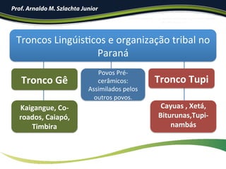 Prof. Arnaldo M. Szlachta Junior
Troncos	LingúisIcos	e	organização	tribal	no	
Paraná	
Povos	Pré-
cerâmicos:	
Assimilados	pelos	
outros	povos.	
Tronco	Gê	 Tronco	Tupi	
Kaigangue,	Co-
roados,	Caiapó,	
Timbira	
	
Cayuas	,	Xetá,	
Biturunas,Tupi-
nambás	
	
 