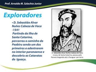 Exploradores
• D. Sebastião Alvar
Nuñes Cabeza de Vaca
-1541
Partindo da Ilha de
Santa Catarina,
percorreu o caminho do
Peabiru sendo um dos
primeiros a adentrarem
no interior paranaense e
descobriu as Cataratas
do Iguaçu.
	
!D.	SebasIão	Alvar	Nuñes	Cabeza	de	Vaca	
cruzou	de	Santa	Catarina,	passou	pelo	
Paraná	chegando	até	o	Paraguai		por	terra.	
Prof. Arnaldo M. Szlachta Junior
 