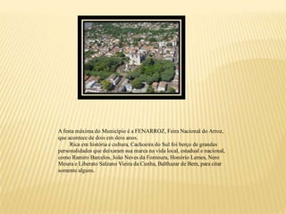 A festa máxima do Município é a FENARROZ, Feira Nacional do Arroz,
que acontece de dois em dois anos.
     Rica em história e cultura, Cachoeira do Sul foi berço de grandes
personalidades que deixaram sua marca na vida local, estadual e nacional,
como Ramiro Barcelos, João Neves da Fontoura, Honório Lemes, Nero
Moura e Liberato Salzano Vieira da Cunha, Balthazar de Bem, para citar
somente alguns.
 