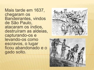 Mais tarde em 1637,
chegaram os
Bandeirantes, vindos
de São Paulo,
atacaram os índios,
destruíram as aldeias,
capturando-os e
levando-os como
escravos, o lugar
ficou abandonado e o
gado solto.
 