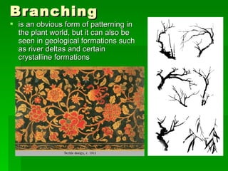 Branching  is an obvious form of patterning in the plant world, but it can also be seen in geological formations such as river deltas and certain crystalline formations  