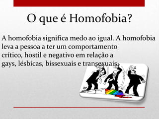 O que é Homofobia?
A homofobia significa medo ao igual. A homofobia
leva a pessoa a ter um comportamento
crítico, hostil e negativo em relação a
gays, lésbicas, bissexuais e transexuais.

 