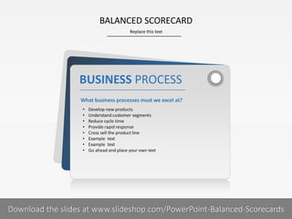 • Develop new products
• Understand customer segments
• Reduce cycle time
• Provide rapid response
• Cross sell the product line
• Example text
• Example text
• Go ahead and place your own text
BUSINESS PROCESS
What business processes must we excel at?
Replace this text
1 I
BALANCED SCORECARD
PRESENTER NAMECOMPANY NAMEDownload the slides at www.slideshop.com/PowerPoint-Balanced-Scorecards
 
