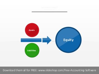 BALANCE SHEET
Replace this text

Assets

Equity
Liabilities

1I
COMPANY NAME
NAME OF PRESENTER
Download them all for FREE: www.slideshop.com/Free-Accounting-Software

 