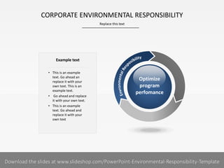 Replace this text
1 I
CORPORATE ENVIRONMENTAL RESPONSIBILITY
Optimize
program
perfomance
• This is an example
text. Go ahead an
replace it with your
own text. This is an
example text.
• Go ahead and replace
it with your own text.
• This is an example
text. Go ahead and
replace it with your
own text
Example text
PRESENTER NAMECOMPANY NAME
Download the slides at www.slideshop.com/PowerPoint-Environmental-Responsibility-Template
 