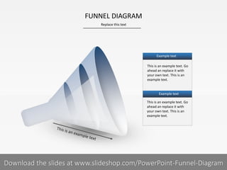 Replace this text
1 I
FUNNEL DIAGRAM
This is an example text. Go
ahead an replace it with
your own text. This is an
example text.
Example text
This is an example text. Go
ahead an replace it with
your own text. This is an
example text.
Example text
PRESENTER NAMECOMPANY NAME
Download the slides at www.slideshop.com/PowerPoint-Funnel-Diagram
 