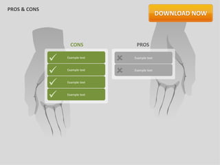 PROS & CONS




                    CONS              PROS

                 Example text
                                    Example text



                 Example text
                                    Example text



                 Example text



                 Example text
 