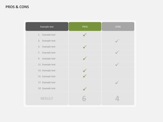 PROS & CONS



                Example text     PROS   CONS


              1. Example text
                                 
              3. Example text
                                        
              5. Example text
                                 
              7. Example text
                                        
              9. Example text
                                 
              11. Example text
                                        
              13. Example text
                                 
              15. Example text   
              17. Example text
                                        
              19. Example text
                                 
                RESULT           6      4
 